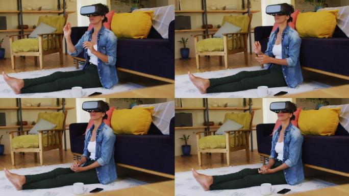 一个带着虚拟现实头盔的白人女人，坐在家里的地板上
