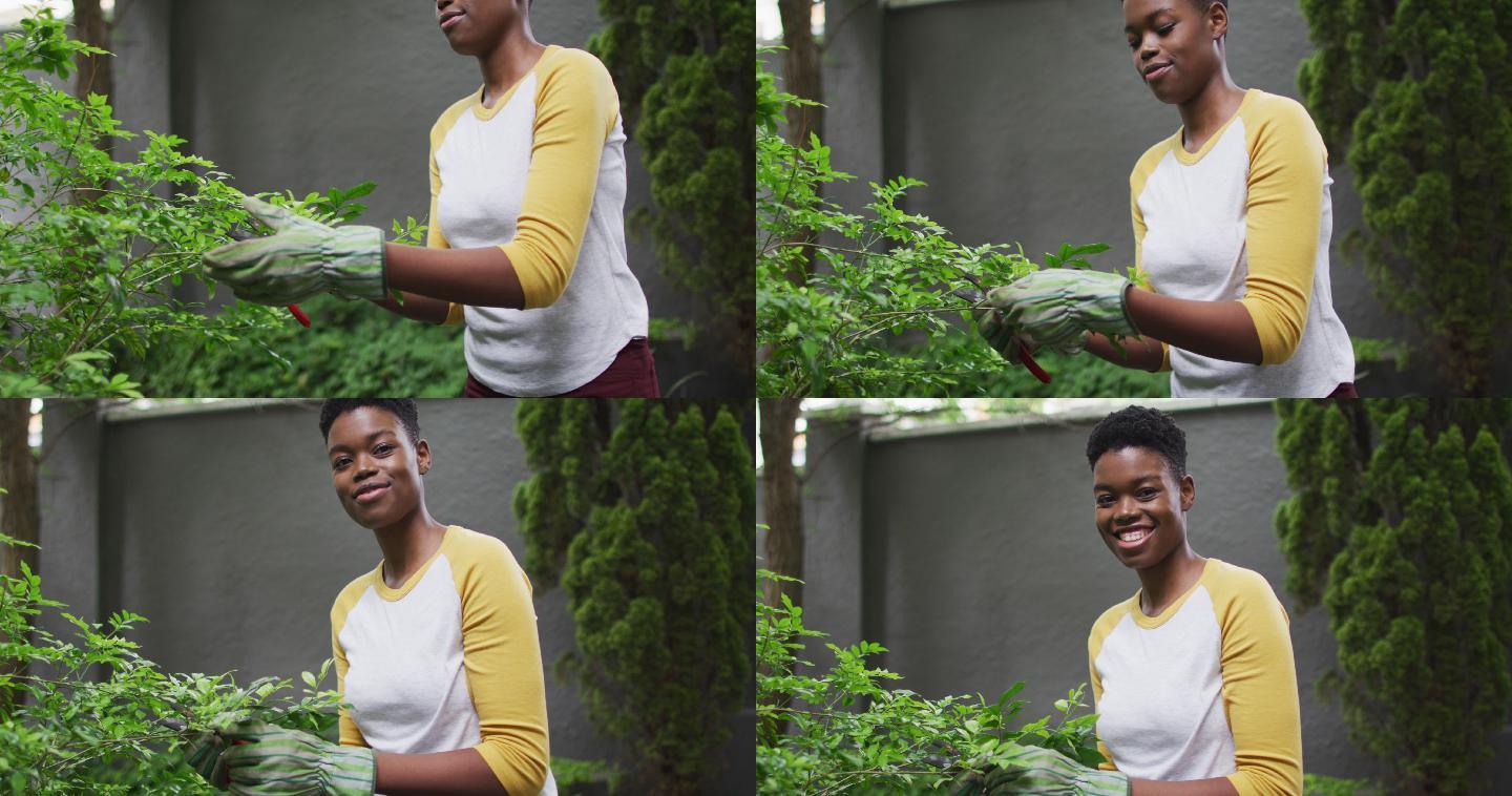戴园艺手套的非裔美国妇女，在花园里修剪植物的叶子