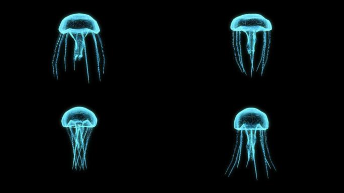 4K蓝色透明全息投影水母动画素材带通道