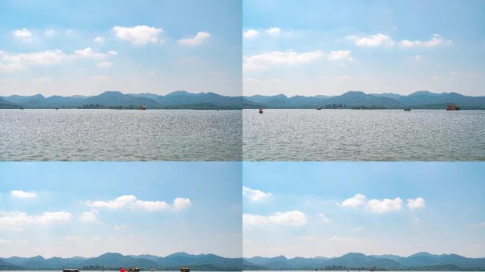 晴朗的天气，杭州西湖蓝天白云游船延时摄影