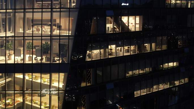 城市写字楼夜景近景航拍