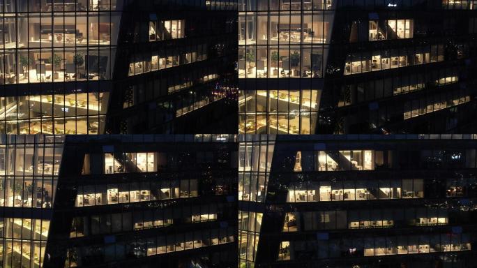 城市写字楼夜景近景航拍