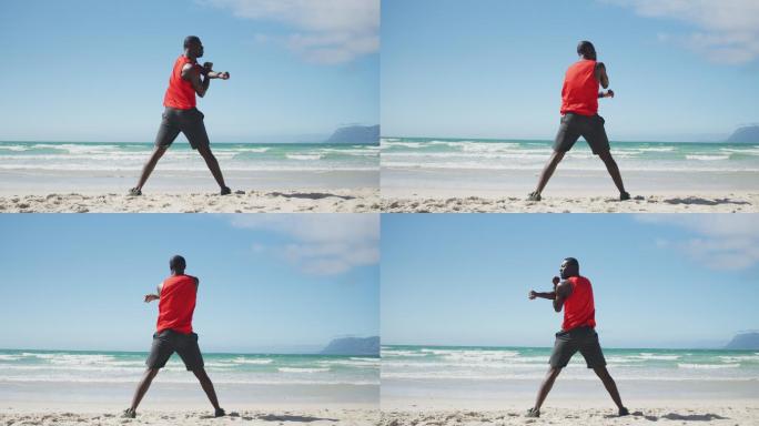 非裔美国人在沙滩上伸展身体，在海边做户外运动