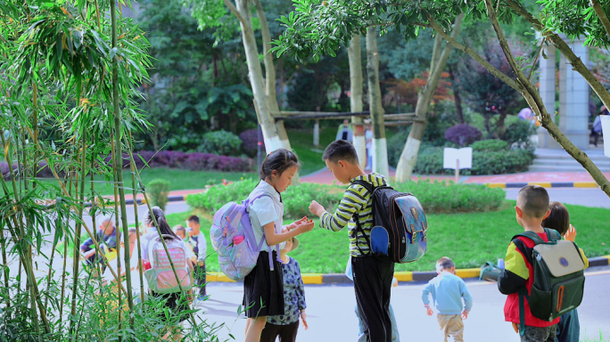 小学生放学路上在小区摘树上的果实