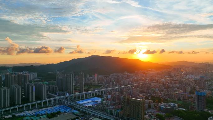 航拍深圳龙华区阳台山晚霞