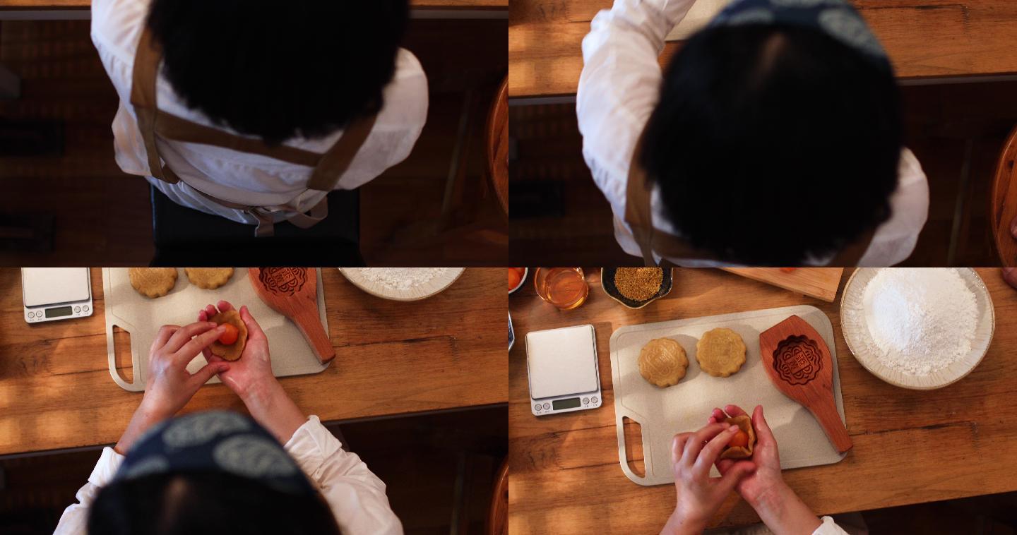 厨师制作月饼过程特写