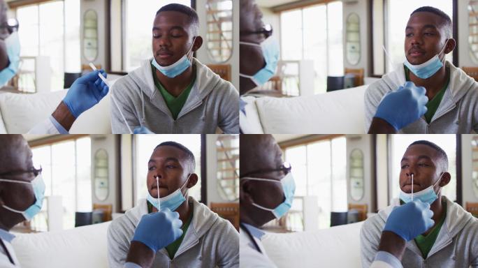 非裔美国资深男医生戴着口罩为家中男患者进行covid - 19检测