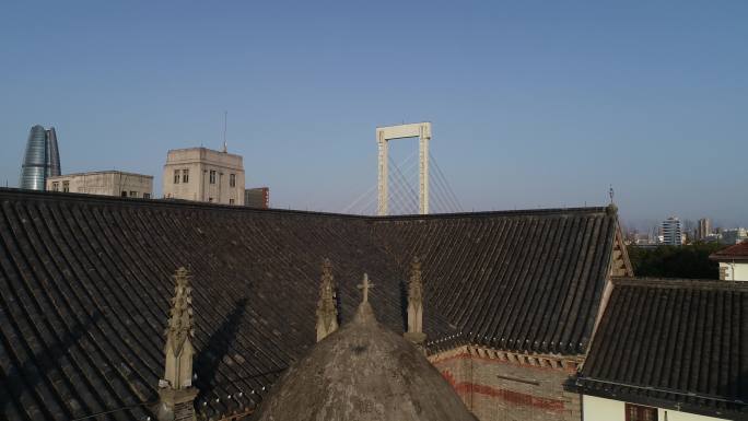 宁波三江口古老的教堂建筑4K航拍