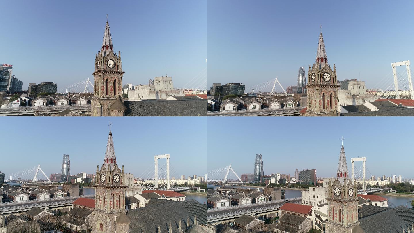 宁波城市地标天主堂教堂4K航拍