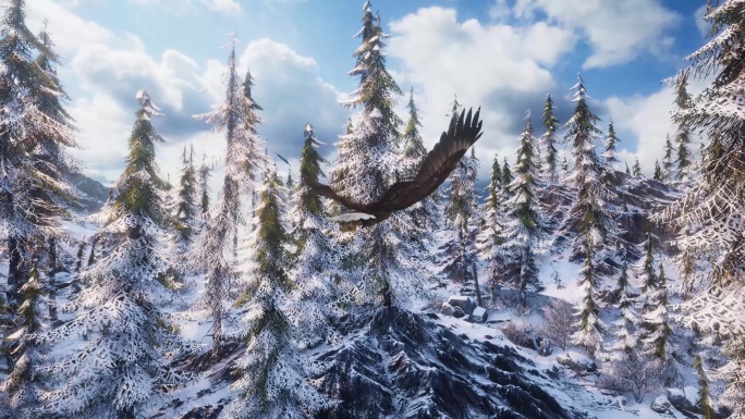 老鹰飞跃冬日树林 三维转场 鹰击长空