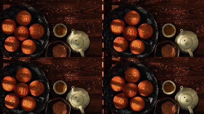 茶壶与月饼特写中秋节包装月饼制作月饼的过