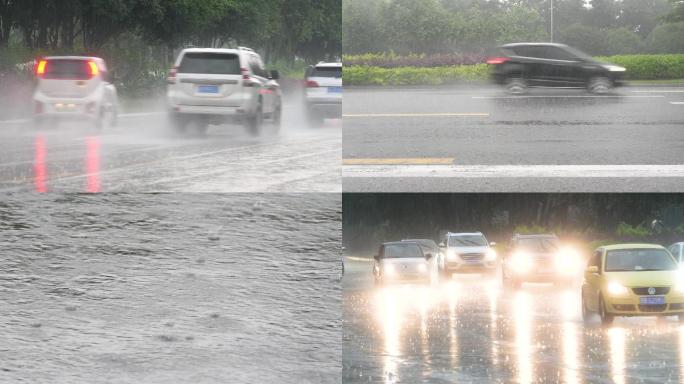 暴雨天汽车经过 车流