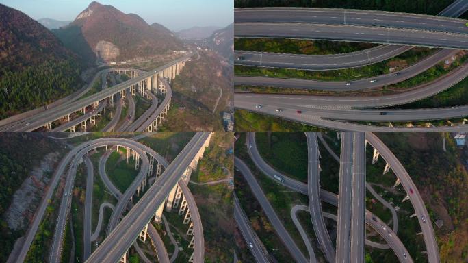 贵州毕节黄昏山区高架桥交通四通八达高速路