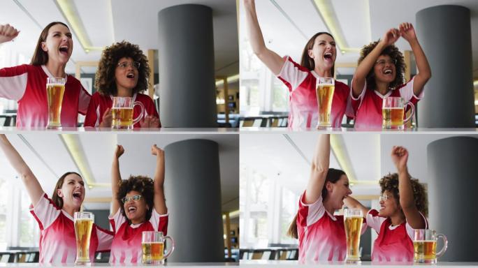 一群快乐的朋友在酒吧看比赛，喝啤酒，拥抱