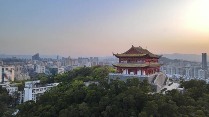 航拍福州镇海楼夕阳落日