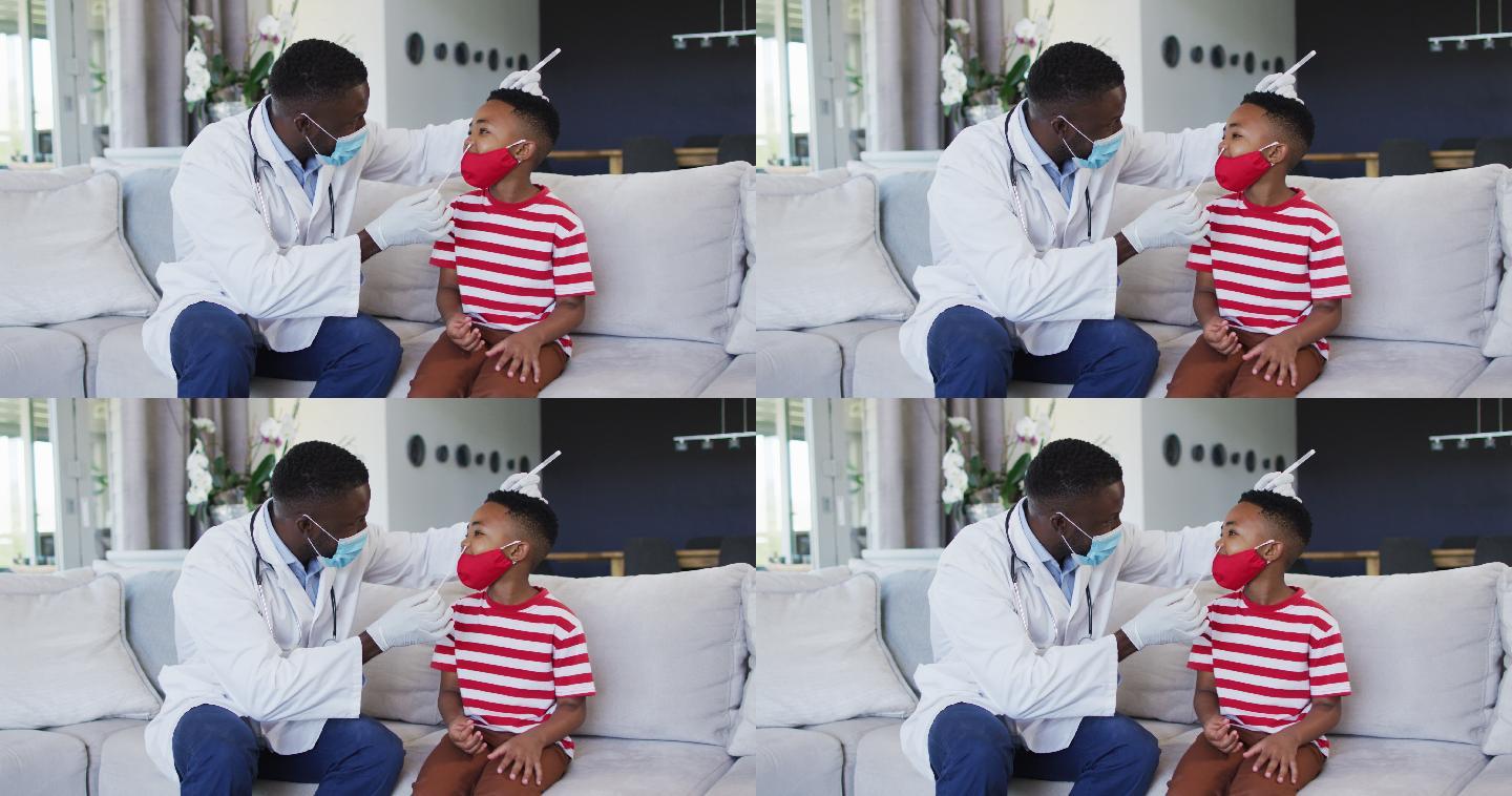 非裔美国医生戴口罩在家中抽取男孩的鼻拭子样本