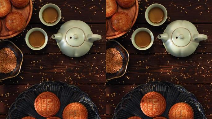 茶壶与月饼特写月饼与茶壶摆拍特写中秋节中