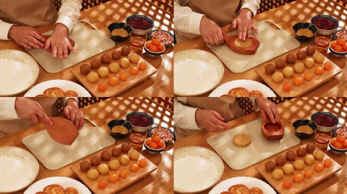 厨师制作月饼特写月饼与茶壶摆拍特写中秋节