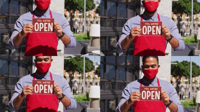 戴着口罩的混合种族男性咖啡馆工作人员被公开示众