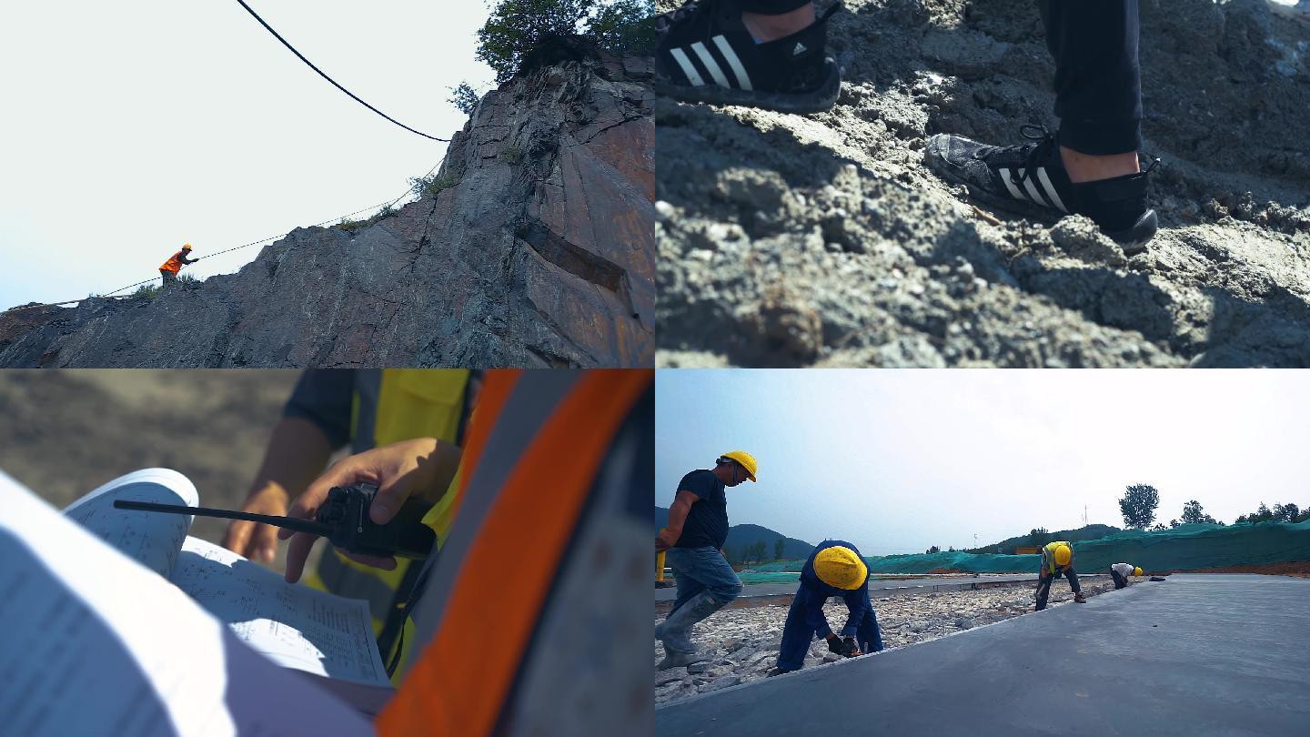 山区工人攀岩爬山艰苦施工合集