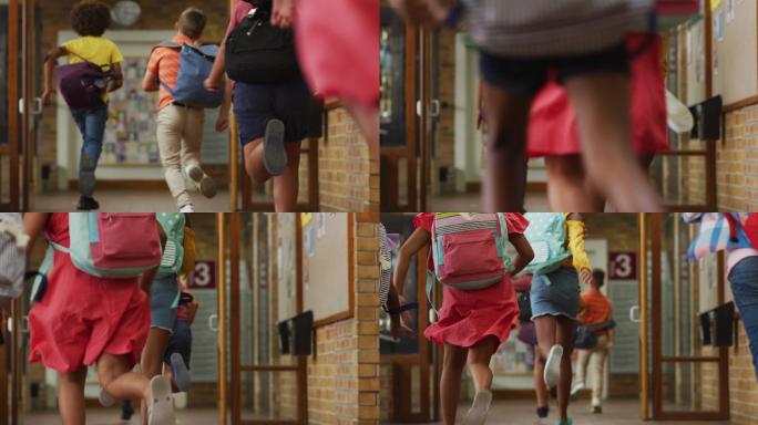 不同的学生背着书包，在学校走廊里快速奔跑