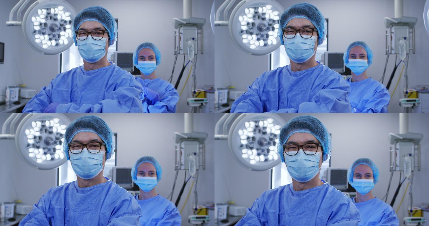 在医院里，戴着口罩、戴着手术服的男女外科医生的肖像