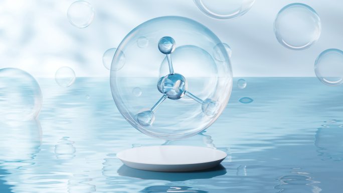 水面上的分子生物科技概念动画3D渲染