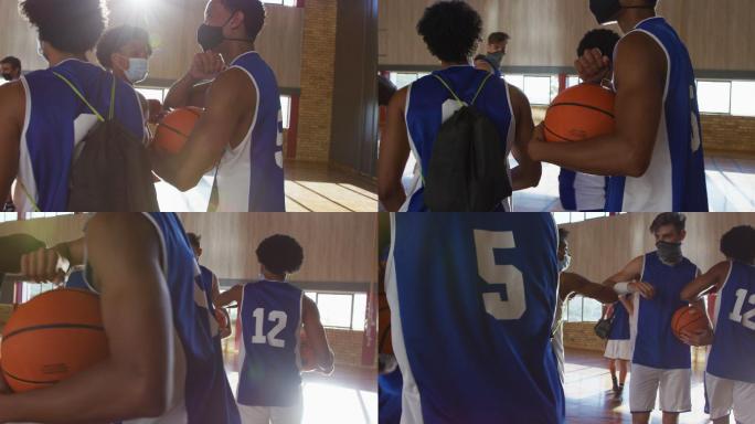 不同的男子篮球队戴着口罩，用胳膊肘打招呼