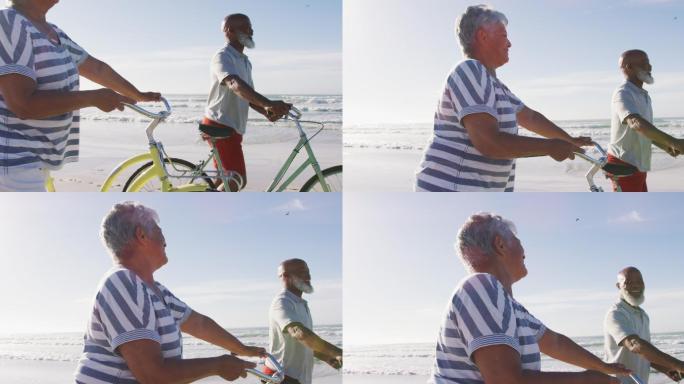 微笑的老非洲裔美国夫妇在海滩上骑自行车散步