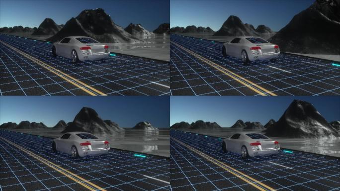 新能源汽车行驶在太阳能充电板路面C4D
