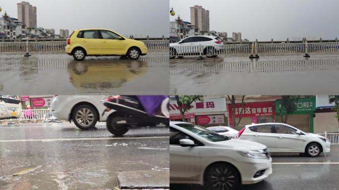 雨水雨天雨季街道上匆匆忙忙赶路的车流人群