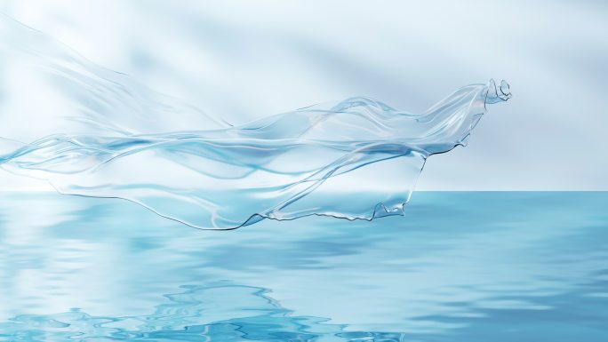 蓝色夏日清新水面上飘动的布料3D渲染