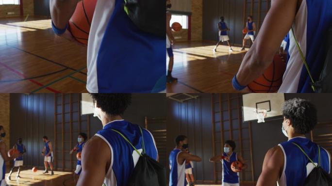 不同的男子篮球队戴着口罩，用胳膊肘打招呼