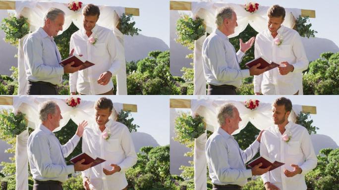 面带微笑的白人男性婚礼司仪手持书，新郎站在室外的祭坛上