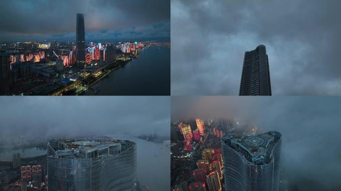 华中第一高楼武汉绿地中心航拍云海全套素材