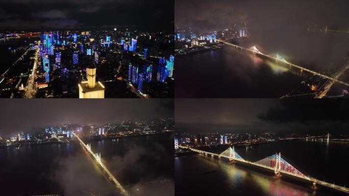 武汉汉口江滩长江二桥夜景云海航拍