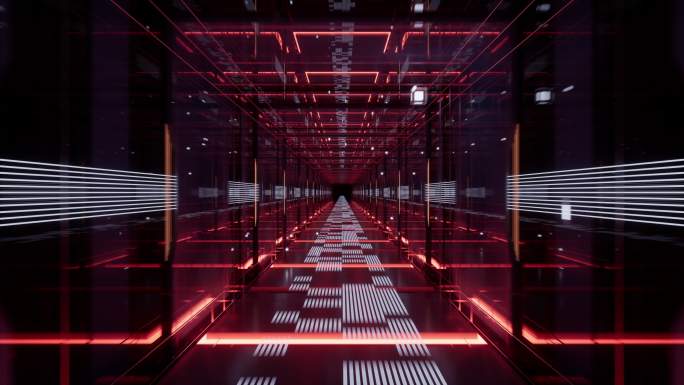 红色科技感线条网络空间隧道3D渲染