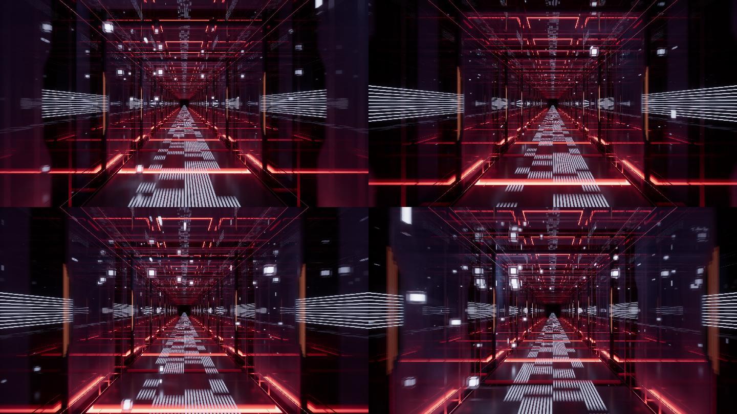 红色科技感线条网络空间隧道3D渲染