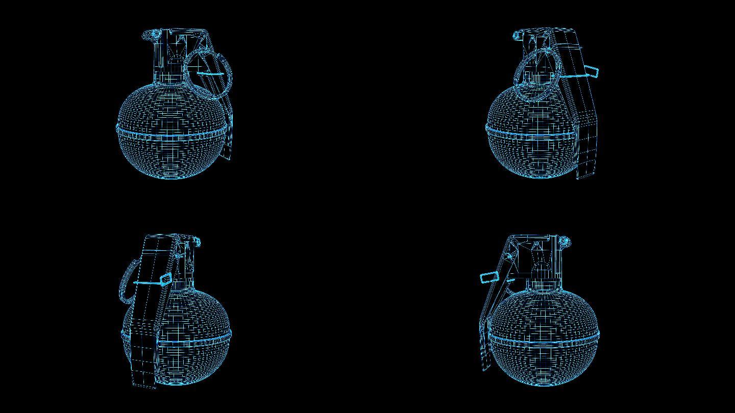 4K全息蓝色线框科技手榴弹动画素材带通道