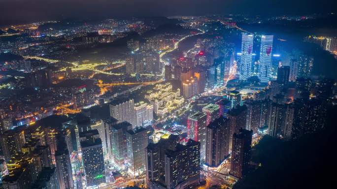 贵州贵阳城市灯火通明花果园夜景航拍延时