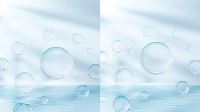 蓝色夏日清新水面与气泡背景3D渲染