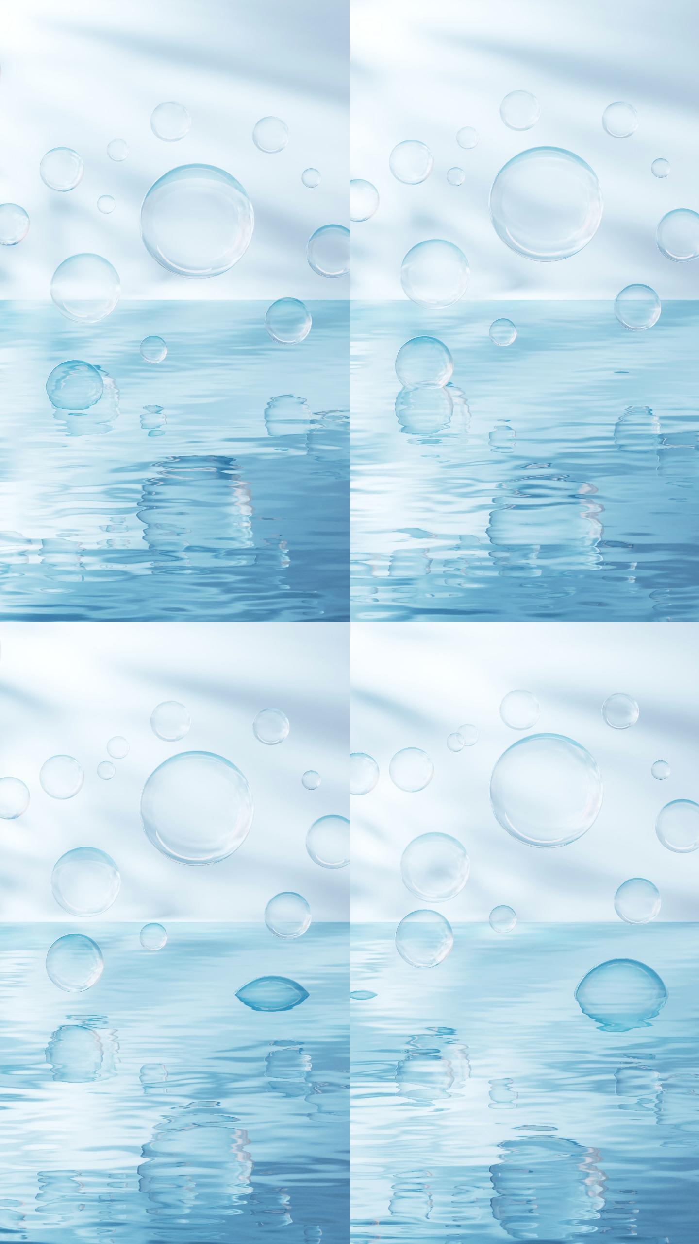 蓝色夏日清新水面与气泡背景3D渲染