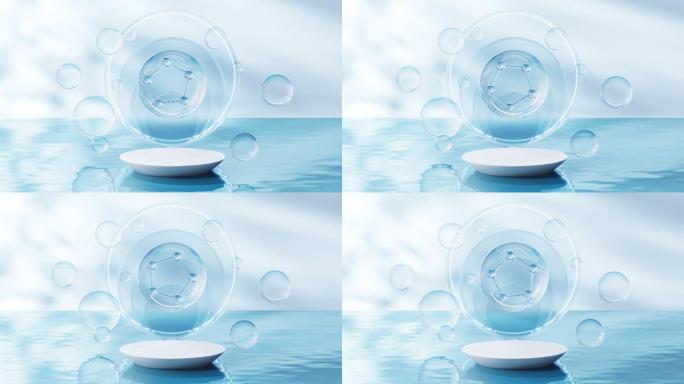 蓝色水面上的分子与夏日清新场景3D渲染