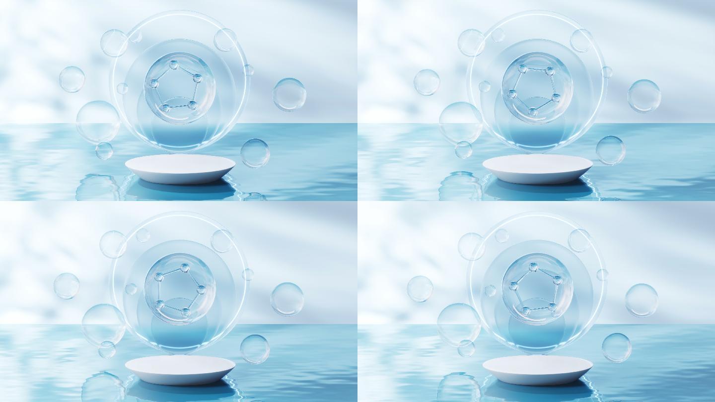 蓝色水面上的分子与夏日清新场景3D渲染