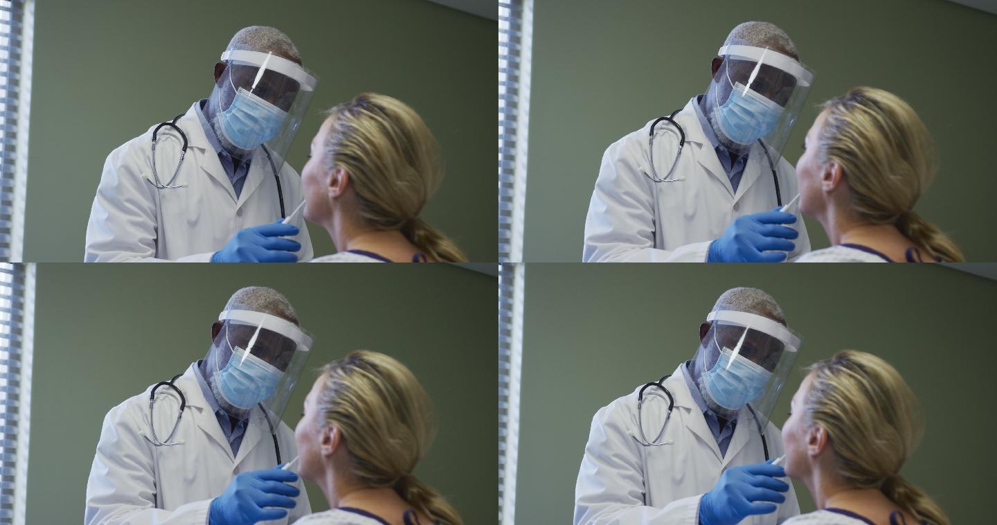 多名女性患者和医生戴口罩进行covid - 19拭子检测