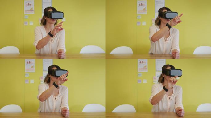 白人女商人坐在办公桌前，测试虚拟现实谷歌