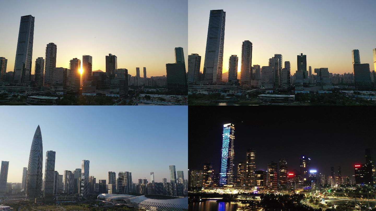 深圳湾日落航拍，繁华夜景