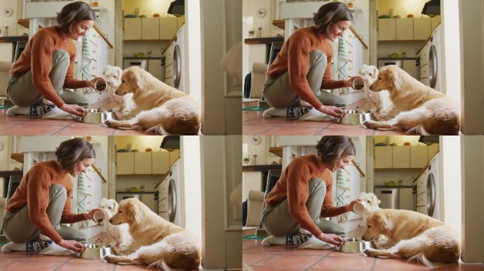 微笑的白人妇女喂她的宠物狗倒食物到碗在厨房在家里