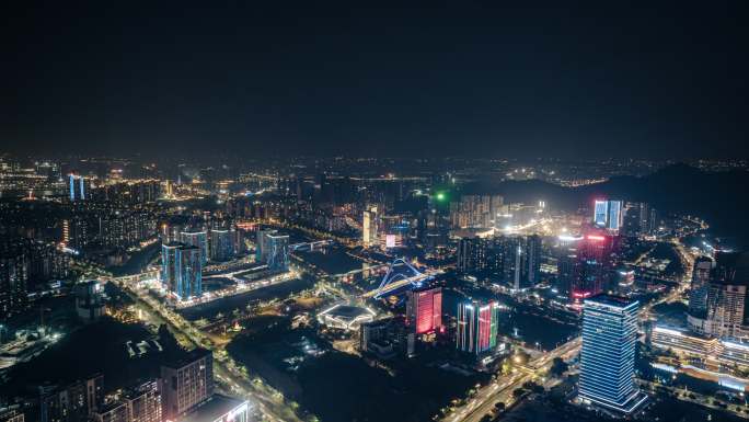 航拍广州南沙蕉门河城市客厅4k延时夜景