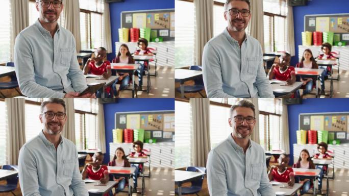 快乐的白人男教师的肖像在教室里，孩子们看着相机